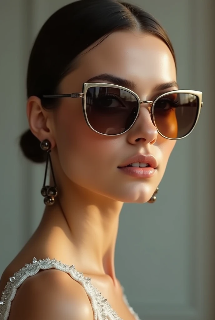Prompt :
“Create a high-fashion scene featuring a female model showcasing luxury sunglasses. The model should exude elegance and confidence, with a focus on the sunglasses as the centerpiece. The sunglasses should have a sleek, modern design with a slight vintage flair, reflecting high-end craftsmanship. The model is dressed in a chic, minimalist outfit that complements the sunglasses, and the background should be neutral yet sophisticated, allowing the sunglasses and the model to stand out. The