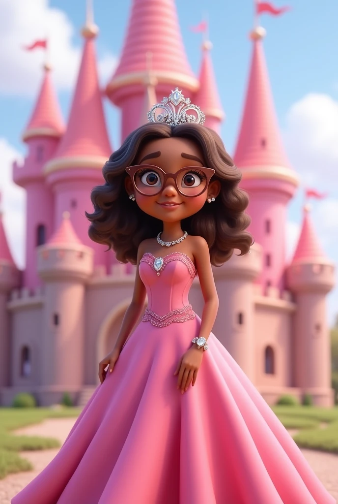 Little princess, full body image, , pink dress with flared skirt to the floor, wears brown framed glasses and a diamond crown, eyes browns, brown skin, smiling, shoulder length hair, curly and dark brown, in the background landscape pink castle