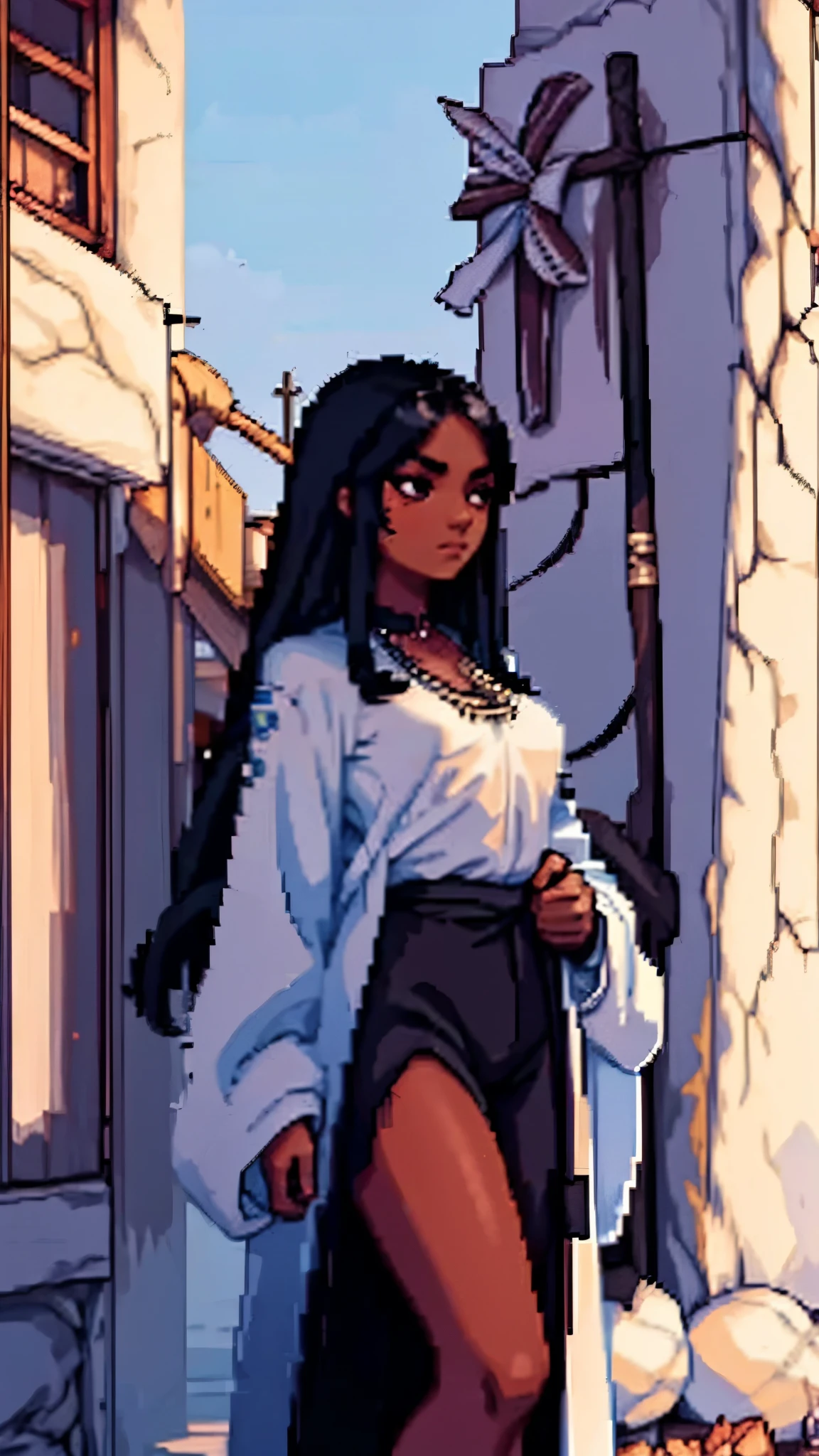 A portrait with a woman with dark skin and long beautiful  hair with a look of determination and curiosity with a cocktail in hands, giving an air of relaxation and introspection. . The young woman observes US immensity with a mixture of admiration and contemplation., absorbing the beauty and tranquility that the place offers.