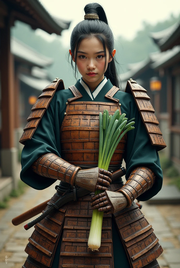 Traditional female samurai with wood block armor, katana and leek 