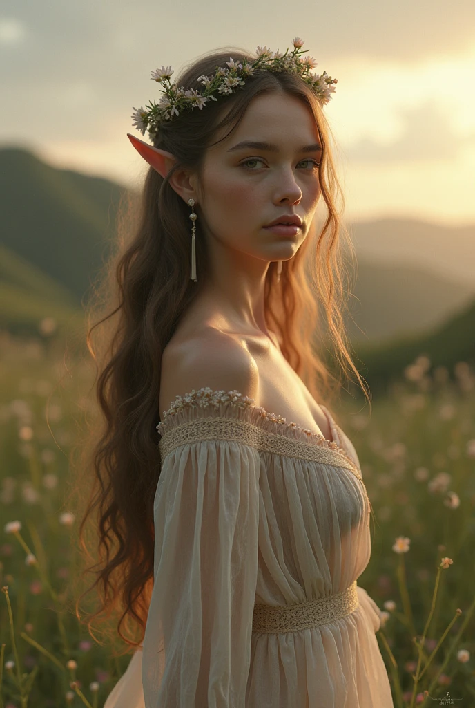 Generate the image for a game, the image must be an Elf, brown hair and dark eyes, tall and elegant. It must also have an aesthetic (CLOTHES, Accessories, etc) that are inspired by Taylor Swift&#39;s Evermore era