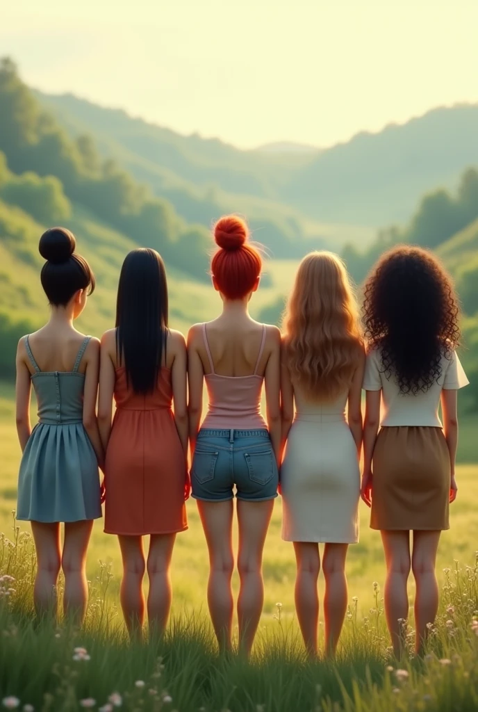 5 women from behind, one thin with waist-length straight black hair next to her, another thin woman with a red hair bun next to her, a chubby woman with white pixie cut hair next to her, a thin woman with waist-length light brown half-curly hair next to her, another chubby woman with long curly hair, all from behind in a beautiful landscape