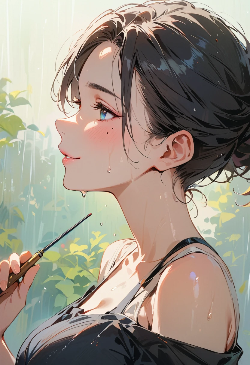 (masterpiece, best quality:1.4), 1 girl, 独奏, Heterochromia, Delicate pupils, Blurred eyes, Close your left eye, Smile, Profile,Tilt your head back 45 degrees, Right tear mole, (Black hair:1.2), Shiny hairstyle, large breasts, Mini Girls, Backlight, Rainy Day, Black evening dress, Works by top portrait painters, Black and white gradient background.