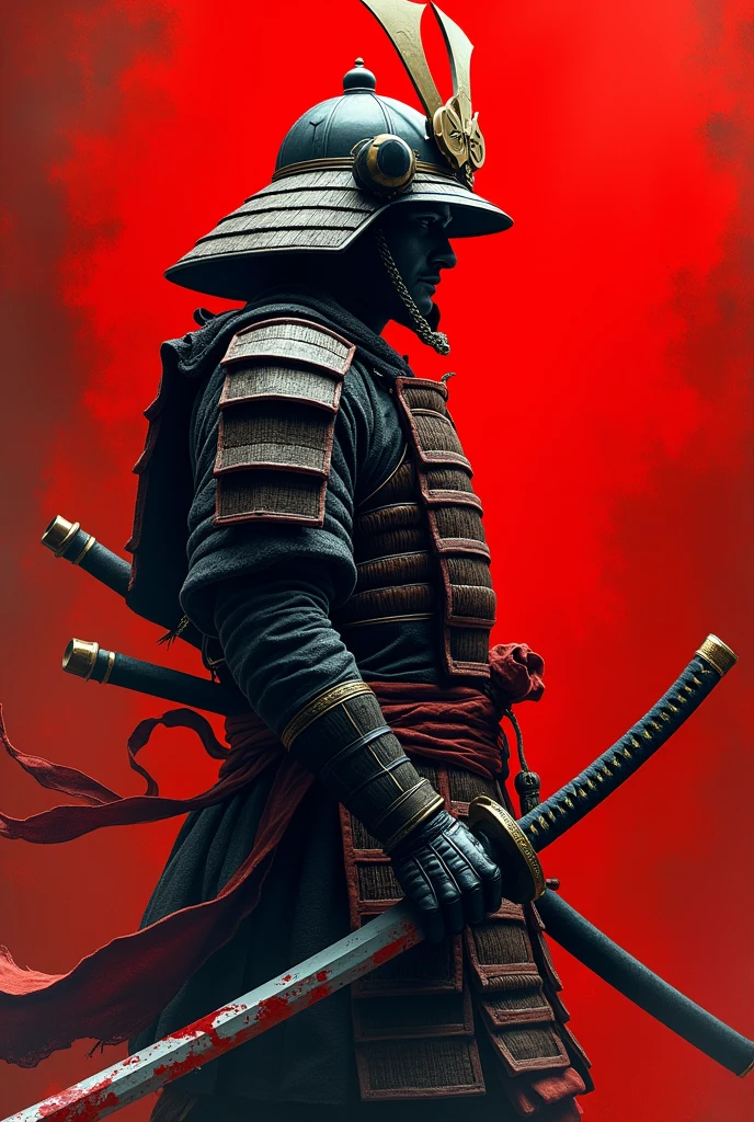 Detailed samurai tattoo, with a dynamic posture that denotes strength and determination. The samurai wears traditional armor with intricate details and a helmet decorated with unique symbols or patterns... in his right hand he holds a katana, With the bloody blade, reflecting the recent battle. The background of the tattoo is a vibrant red color., creating a strong contrast that highlights the figure of the samurai and the bloody katana. Details on the samurai and katana are precisely shaded to give depth and realism to the drawing...