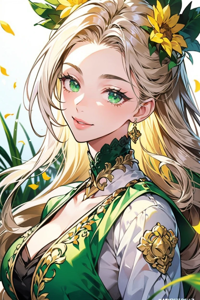 (Ultra-high resolution , highest quality, high contrast, masterpiece:2.0,highest quality,best aesthetics, high detailed, very detailed, high detail quality, up to date ) ((detailed)) ((pretty eyes)) ((upscale)) ((best quality)) ((masterpiece)) A pretty woman with pretty green eyes that have the color of fresh grass, golden hair that shines like the sun, a beautiful fantasy dress with many yellow, white and green details, a flower crown on head, colorful flowers, pretty flowers, very detailed, bees, perfect face, detailed clothes, flower detail on clothes, yellow shine, colorful detail, colorful flower detail, green shine