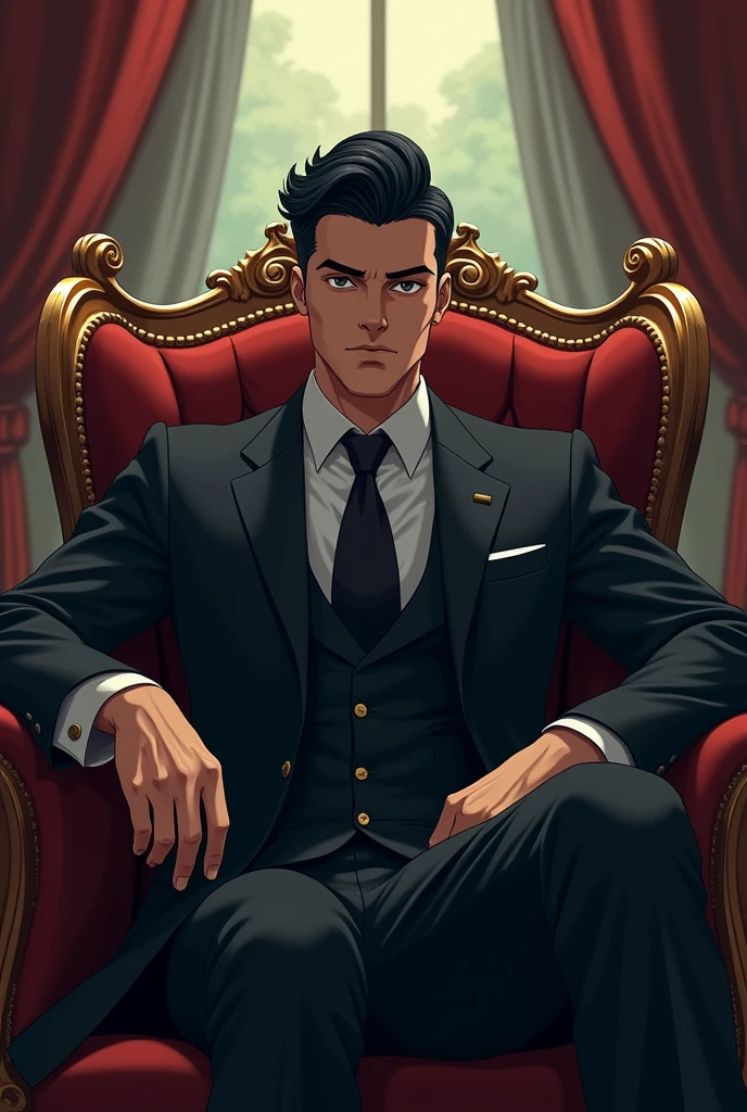 A dashing man in a suit, sharp eyes and neat black hair with sideburns (pompadour hairsyle). His facial expression was flat and emotionless. He is a mafia boss, sitting on his throne. He is the anime character.