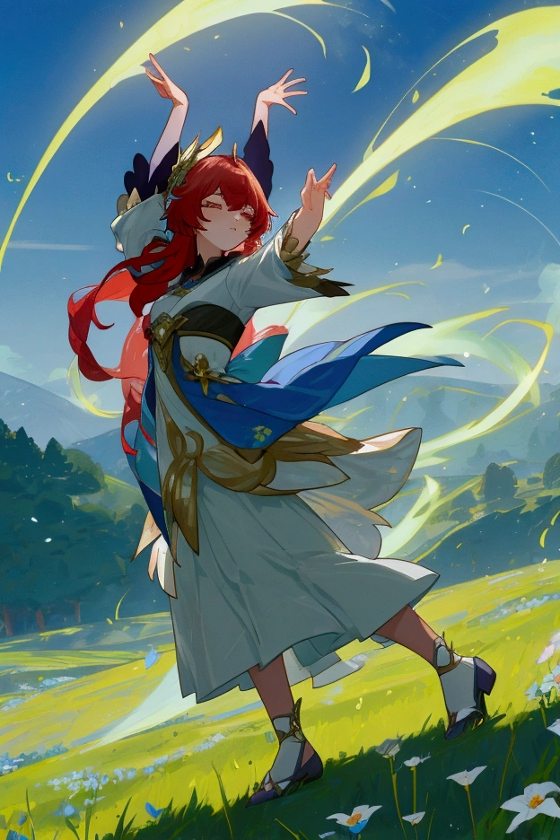 (Лучшее качество), подробный фон, Nilou from Genshin Impact standing in a meadow filled with Padisarah flowers from Genshin Impact. Nilou is wearing her traditional dance costume with blue and gold elements, her long red hair flowing in the wind. She is performing a graceful dance, her movements smooth and elegant. Magical particles glow around her, creating an atmosphere of enchantment. The meadow is surrounded by green hills and trees, with mountains visible in the background. Style and color grading as in the game Genshin Impact, high quality, detailed environment, vibrant colors, anime style.