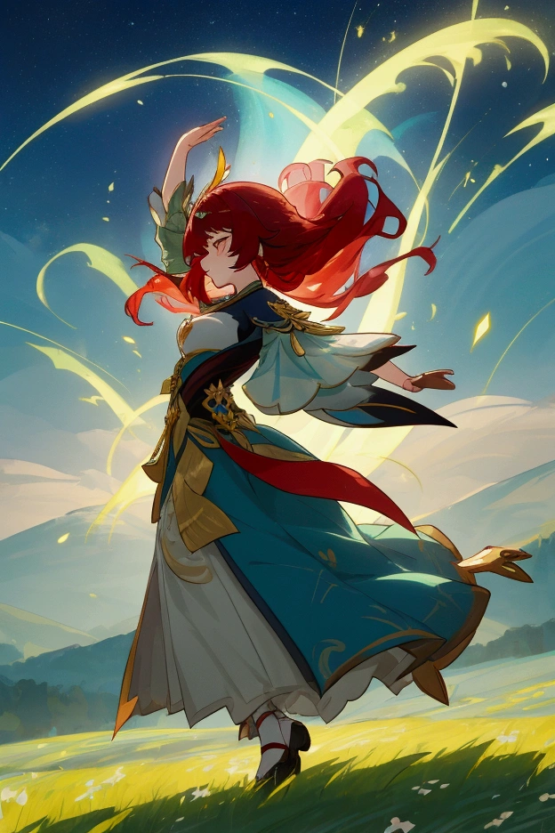 (Лучшее качество), подробный фон, Nilou from Genshin Impact standing in a meadow filled with Padisarah flowers from Genshin Impact. Nilou is wearing her traditional dance costume with blue and gold elements, her long red hair flowing in the wind. She is performing a graceful dance, her movements smooth and elegant. Magical particles glow around her, creating an atmosphere of enchantment. The meadow is surrounded by green hills and trees, with mountains visible in the background. Style and color grading as in the game Genshin Impact, high quality, detailed environment, vibrant colors, anime style.