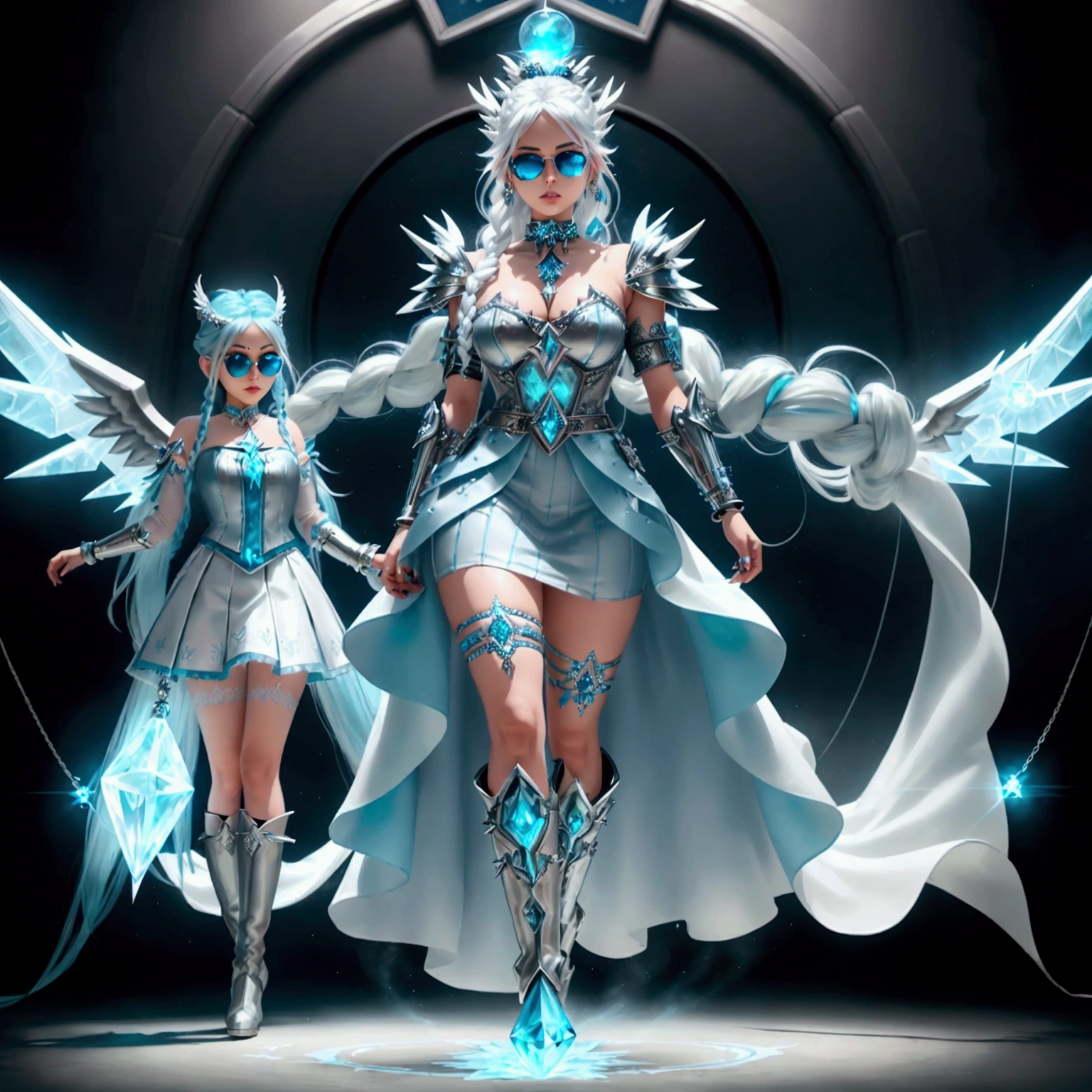 (wearing big rayban aviator sky blue tinted sunglasses with diamond skeleton), (left wristband contains steampunk clocks), (watches and time related engines), (boots contain fancy silver embroidery), (using silver hoops for earrings), (the front part of the hair have been partially dyed cyan), (blue lipstick), (photorealistic), (digital 2.5D art), (full body view), (walking), (background white), (a woman with wings and a halo), (ice sorceress), (ice mage), (full portrait of elementalist), (world of warcraft art style), (beautiful ancient frost witch), (clothed in ethereal battle armor), (painted in the style arcane), (clothed in ethereal armor), (epic mage girl character), (mystical atlantean valkyrie), (ice crystal armor), (white shiny hair in high-wide pigtail braided ponytails), (metal, diamond and silver accessories), (fancy silver crystal artistic boots with spikes and dragonic look with white diamonds and big pointy heels), (shiny silver satin belt with white crystal diamond in the middle), (wearing extra silver and diamond jewellery such as rings, earrings, wristbands, armbands, necklaces, choker, tiara, hair clips), (weapon glows with blue fire and lightning), (huge anime big large and cute gray eyes with long eyelashes), (intricate detailed white hair decorations with braided pigtails and long normal hair), (artistic tattoos highlighting her edgy persona), (cute pretty beautiful symmetric face, cute nose, juicy shiny silver lips), (symmetry), (dual colored open wrap blue ballgown dress with cyan textures and white embroidery), (cyan satin schoolgirl style skirt), (white stockings with cyan laces attached on the underpants), (blue tinted sunglasses with silver frame and diamonds), (holding a glowing blue dagger in her left hand), (using right hand to levitate a 3D hexagonal blue shiny orb ball made of energy, fire and electricity), (angelic wings with silver metal framing)
avoid (lowres, text, error, cropped, worst quality, low quality, jpeg artifacts, ugly