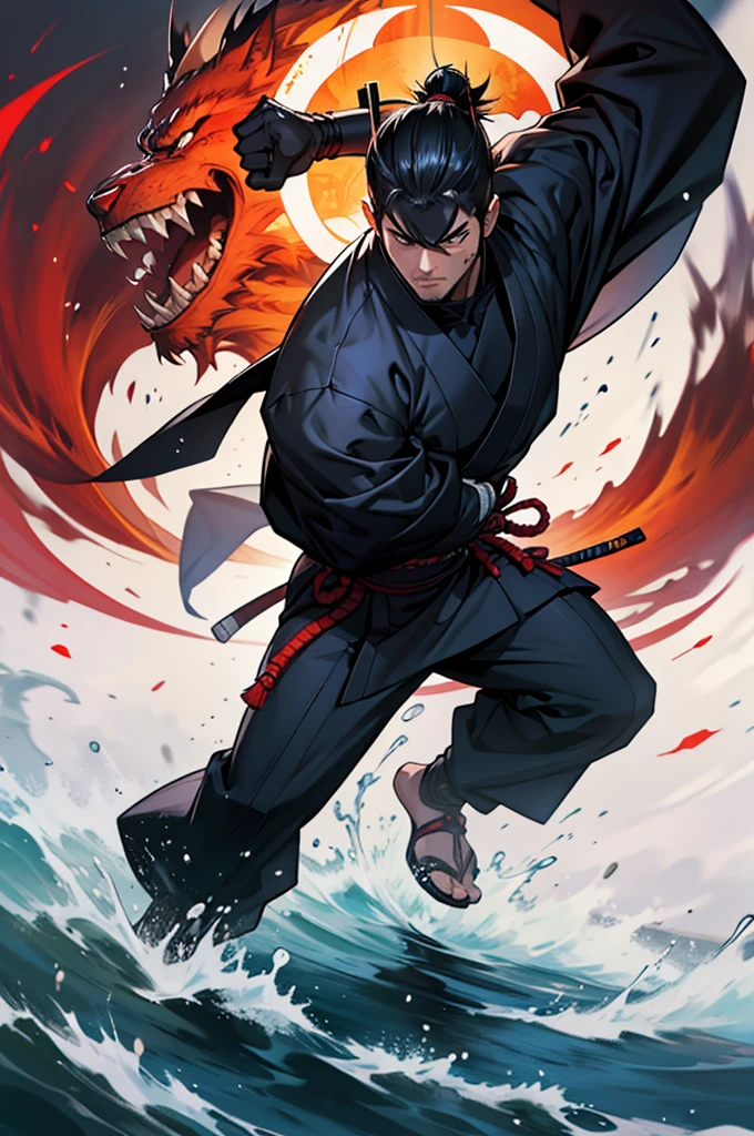 A 2 samurai male he is well shaped , samurai suit , fighting pose , with alot of splashing blood , advancing forward