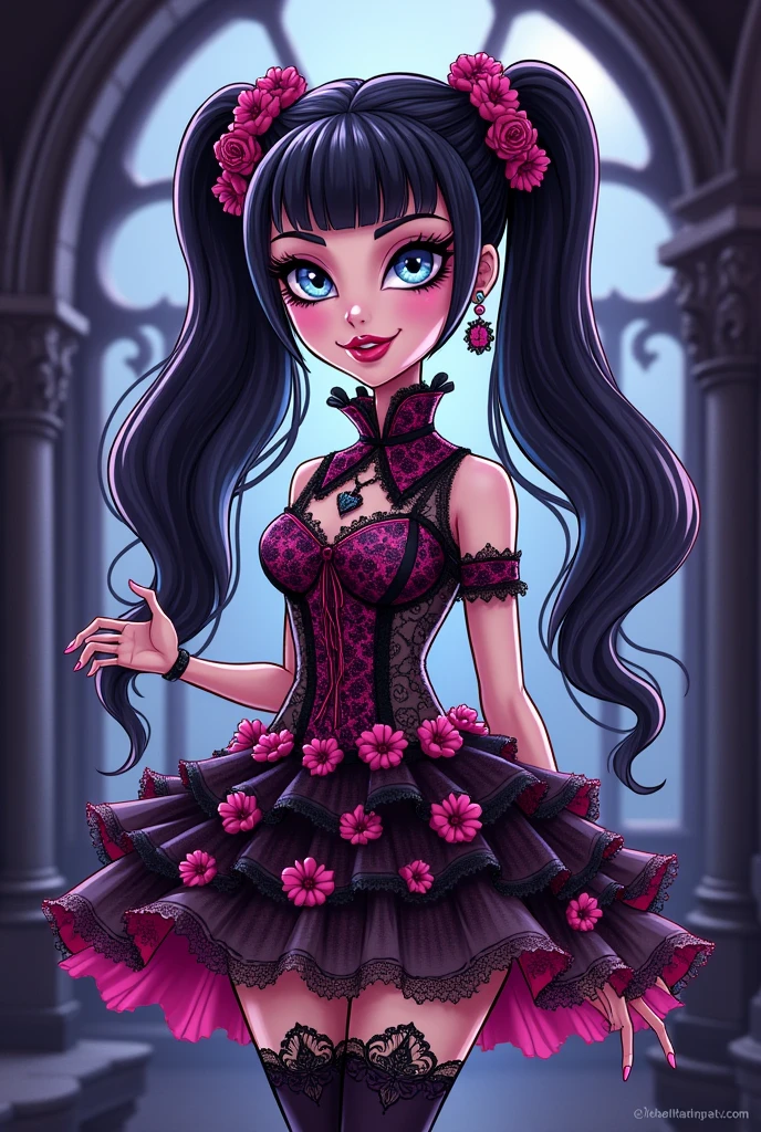 Create a redesign image for Draculaura [Monster High] using gothic and ta style [Cartoon Style]