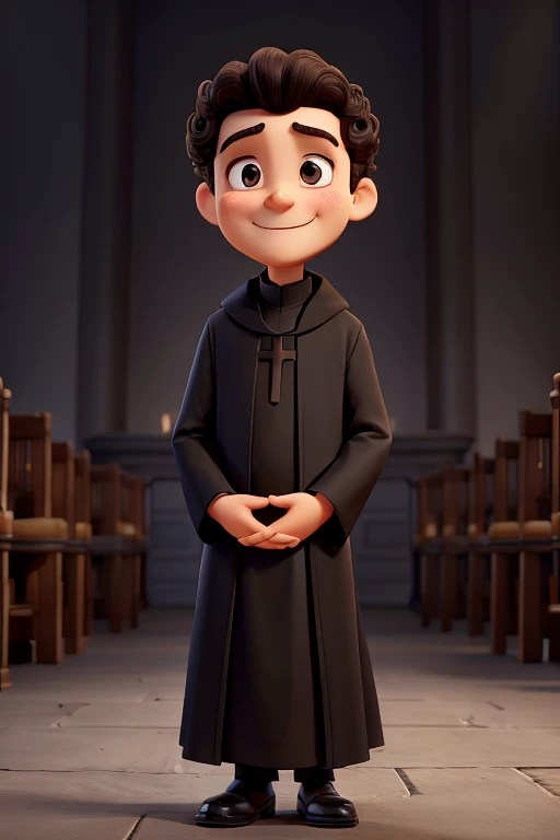 a priest smiling in a black old cassock long sleeves, with a catholic black biretta, with short curly brown hair, brown eyes, wide chin, with a halo, hands crossed praying, white background