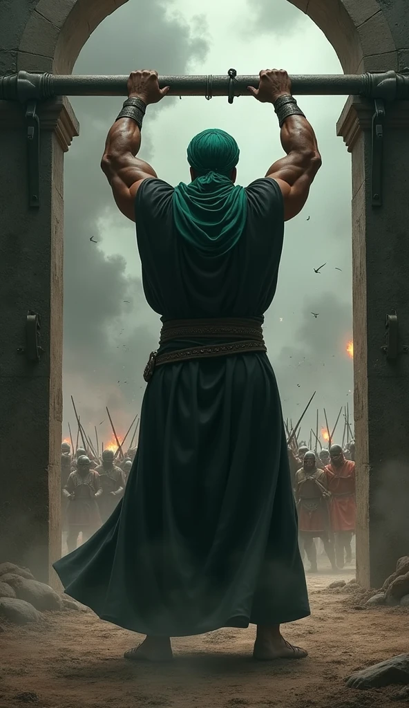 A Muslim warrior standing on a battlefield swinging a huge iron gate over his head wearing a green turban and a long black cloth with a battle scene in the background the image is dark and mysterious