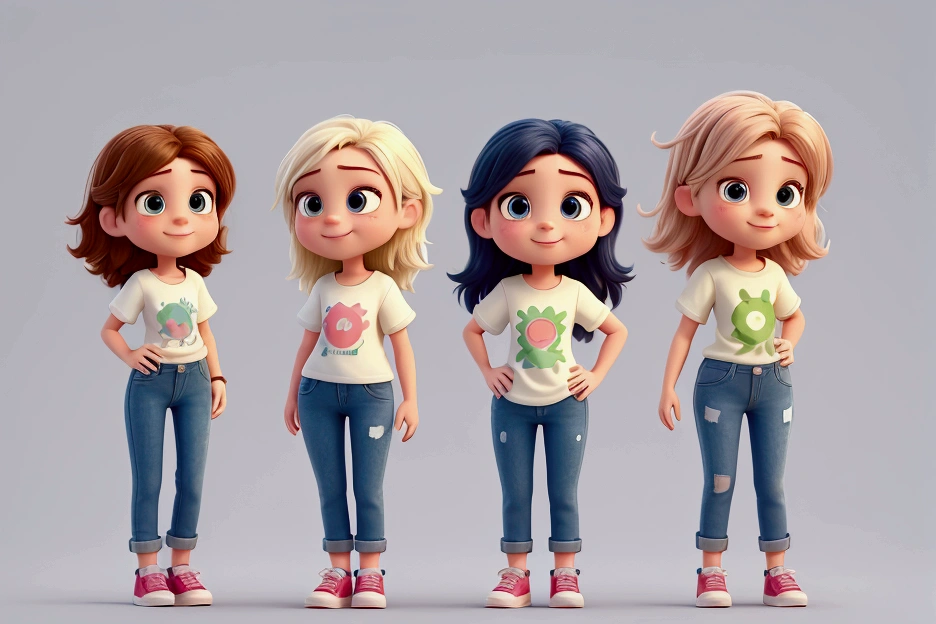 Create full body girl avatars. Her hair is medium length, slightly wavy and loose, gently framing her face. They are dressed in casual, trendy clothing that reflects their age and style - graphic tee, denim or denim shorts, and comfortable sneakers. Your avatar should capture your youthful energy and confidence with a friendly, approachable expression. The scene is set in an animated, semi-realistic style (SeaArt), with detailed textures, soft lighting, and a happy, vibrant color palette that highlights the character's vivacity. Pixar
negative prompt without blurring images