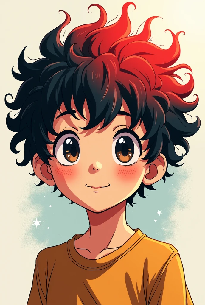 Create pictures of a boy who has curly hair and a red streak in front and design should be like anime mesäg