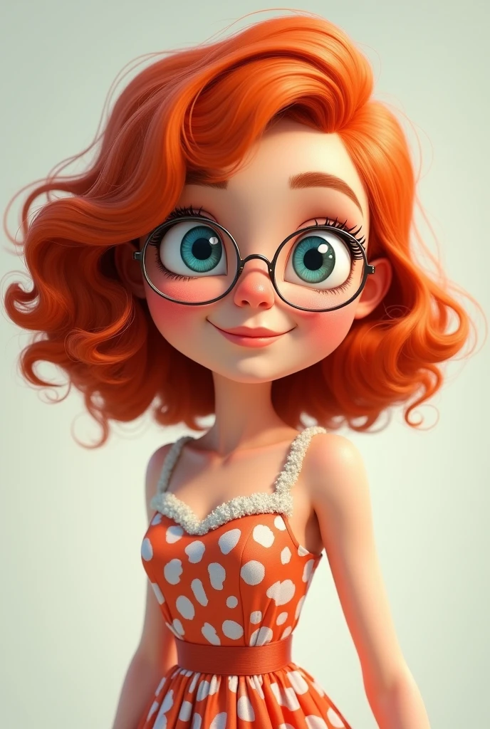 Red curly hair, medium length hair, woman, round bottom glasses, animated, smile, blue eyes, small neck, round face, High Resolution, pretty dress, adult,Closed Mouth,