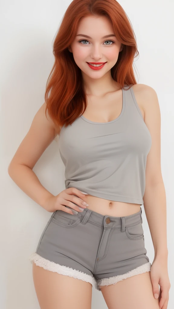 (whole body photograph of a lovely young Caucasian woman) (2), (((redhead))), (((light grey eyes))), thin face and delicate cheeks, full lips, (red lipstick), ((basic makeup))), large big and natural breasts, medium hair, seductive smile, wearing a nice white tank top and denim shorts and showing the whole body. The details of the face are perfect