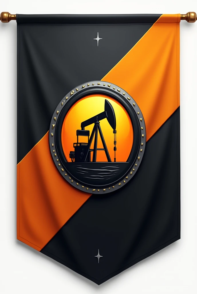 Flag Design Description:
Overall Shape: The flag maintains a 3:2 rectangular ratio, giving it a balanced and professional appearance that is suitable for display in various environments, from corporate settings to large outdoor installations.
Primary Colors: The background of the flag is divided into two halves, split diagonally from the top left to the bottom right:
Top Left: A deep, midnight black, symbolizing the richness of crude oil, the core of the industry, and the depth of the earth where resources are extracted.
Bottom Right: A vibrant, industrial orange, representing energy, innovation, and the fiery process of refining and processing oil and gas.
Borders: The flag is bordered by a thick, metallic silver band, symbolizing the pipelines, machinery, and infrastructure critical to the oil and gas industry. This silver border provides a sleek, modern contrast against the bold colors of the flag.
Central Emblem Placement: The emblem is prominently placed at the center of the flag, ensuring it is the focal point and symbolizing the company’s dominance in the industry.
Emblem Design:
Core Symbol: The emblem features a stylized oil derrick, depicted in sharp, angular lines in metallic silver. The derrick stands tall and imposing, symbolizing the extraction process, engineering prowess, and the company's strength in the industry. The base of the derrick is surrounded by ripples in the black portion of the flag, indicating the impact and reach of the company’s operations.
Flame Detail: At the top of the derrick, a flame is depicted in the vibrant industrial orange, symbolizing the refinement process, energy production, and the company’s commitment to innovation and sustainability. The flame has a subtle gradient, moving from dark orange at the base to a bright yellow at the tip, indicating the energy transition.
Circular Frame: The derrick and flame are enclosed within a circular frame, reminiscent of a pipeline or gear, in metallic silver. The inner edge of t