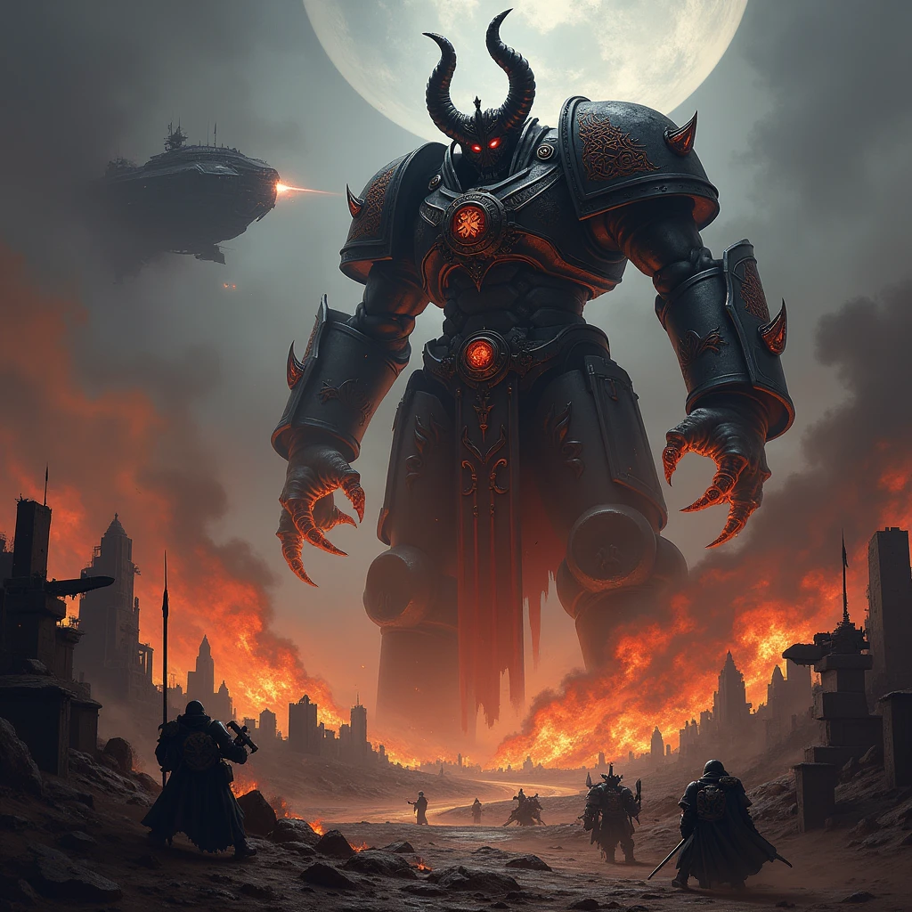 Create a cover with the title name Dark Code , in the background Abaddon the Conqueror destroying the planet Cadia ,with the black ship