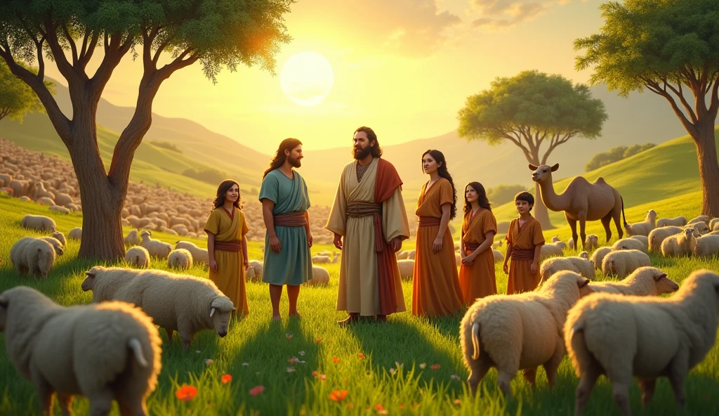 "Create a vibrant, realistic movie scene that represents Job&#39;s wealth, as described in the Bible. The image should show a vast green field, where 7.000 sheep graze peacefully under the soft sunlight. No fundo, add 3.000 camels resting under the shade of leafy trees. Also include a movement of 500 yoke of oxen plowing the land and 500 donkeys in a nearby enclosure..

In the center of the scene, portray Job&#39;s family: a wise and kind looking man, surrounded by his seven sons and three daughters, all with expressions of joy and unity. Next to them, inclua a esposa de Good, that must transmit love and strength. The atmosphere of the image should be warm and welcoming., evoking a sense of abundance and prosperity. This illustration will be used in a video scene on YouTube, proto, maintain a composition rich in details and vibrant colors that capture the viewer&#39;s attention."