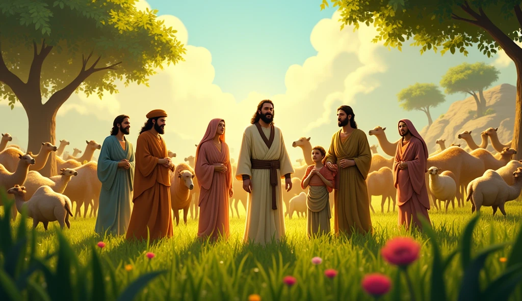 "Create a vibrant, realistic movie scene that represents Job's wealth, as described in the Bible. The image should show a vast green field, where 7.000 sheep graze peacefully under the soft sunlight. No fundo, add 3.000 camels resting under the shade of leafy trees. Also include a movement of 500 yoke of oxen plowing the land and 500 donkeys in a nearby enclosure..
In the center of the scene, portray Job's family: a wise and kind looking man, surrounded by his seven sons and three daughters, all with expressions of joy and unity. Next to them, inclua a esposa de Good, that must transmit love and strength. The atmosphere of the image should be warm and welcoming., evoking a sense of abundance and prosperity. This illustration will be used in a video scene on YouTube, proto, maintain a composition rich in details and vibrant colors that capture the viewer's attention."