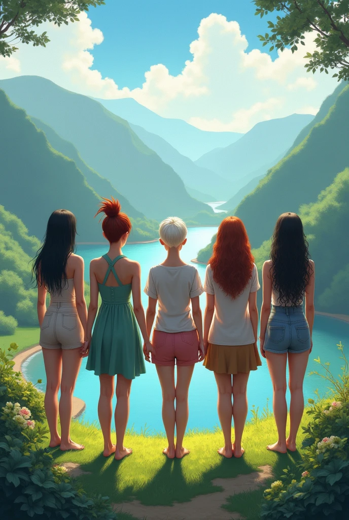 5 women with their backs turned, one thin with long, waist-length, black straight hair next to her, another thin woman with a bun of red hair next to her, a chubby lady with white pixie cut hair next to her a slim woman with waist-length light brown curly hair next to her another chubby woman with long curly hair all with their backs turned in a beautiful landscape