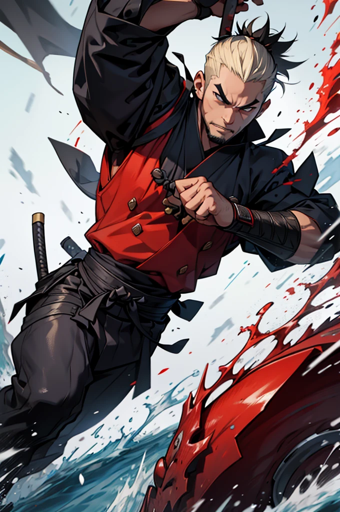A 2 samurai male he is well shaped , samurai suit , fighting pose , with alot of splashing blood , advancing forward