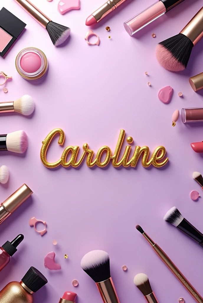 make a background image in the makeup segment of various types of makeup and cosmetics utensils with the name in the center of the image, With name ( Caroline Cosmetics Store ) in realistic gold , the background is in lilac with a gradient with gold effects