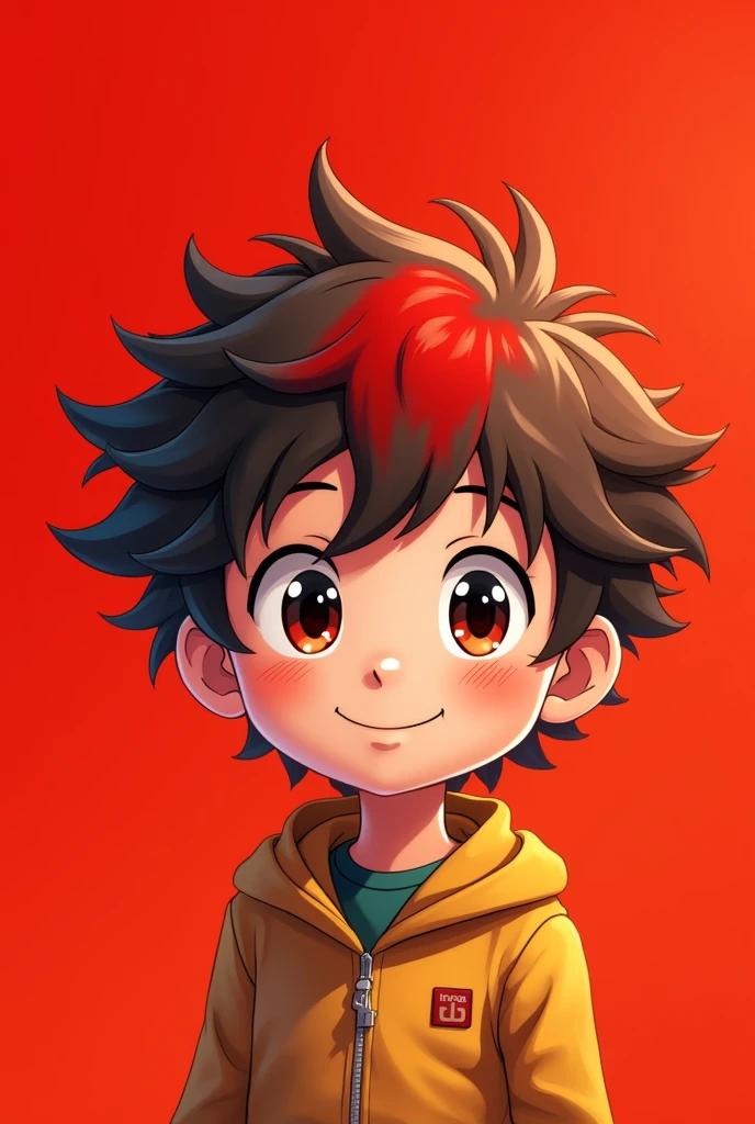 Create pictures of a boy who has curly hair and a red stripe in front and design should be anime mesäg the background bright red and he smiles