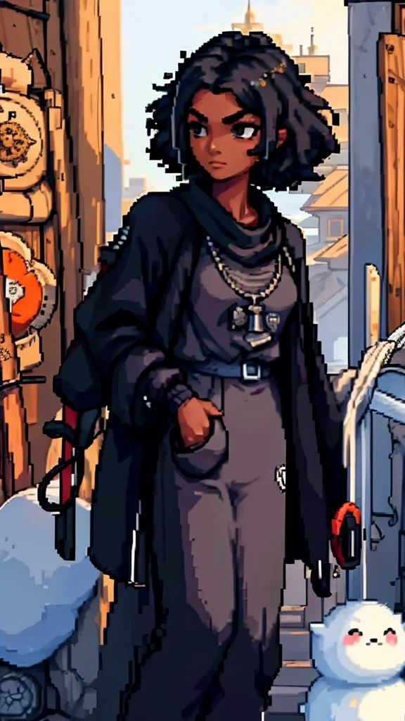 A portrait with a woman with dark skin and curly short hair with a look of determination and curiosity. She is wearing a loose sweater., which can be black or dark blue, with a modern and elegant design. 
She has her hands in her blouse pockets, giving an air of relaxation and introspection. . The young woman observes the immensity with a mixture of admiration and contemplation., absorbing the beauty and tranquility that the place offers.