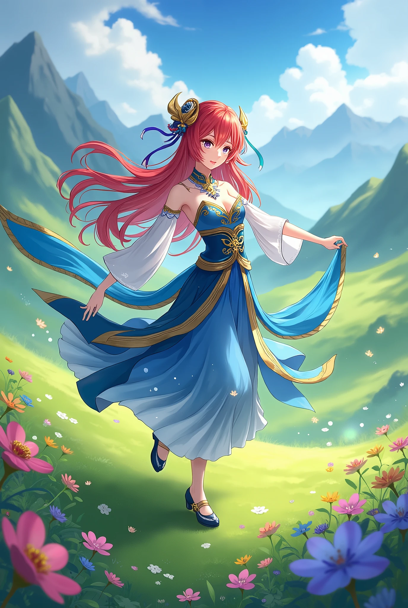 (Лучшее качество),  подробный фон, Nilou from Genshin Impact standing in a meadow filled with Padisarah flowers from Genshin Impact. Nilou is wearing her traditional dance costume with blue and gold elements, her long red hair flowing in the wind. She is performing a graceful dance, her movements smooth and elegant. Magical particles glow around her, creating an atmosphere of enchantment. The meadow is surrounded by green hills and trees, with mountains visible in the background. Style and color grading as in the game Genshin Impact, high quality, detailed environment, vibrant colors, anime style.
