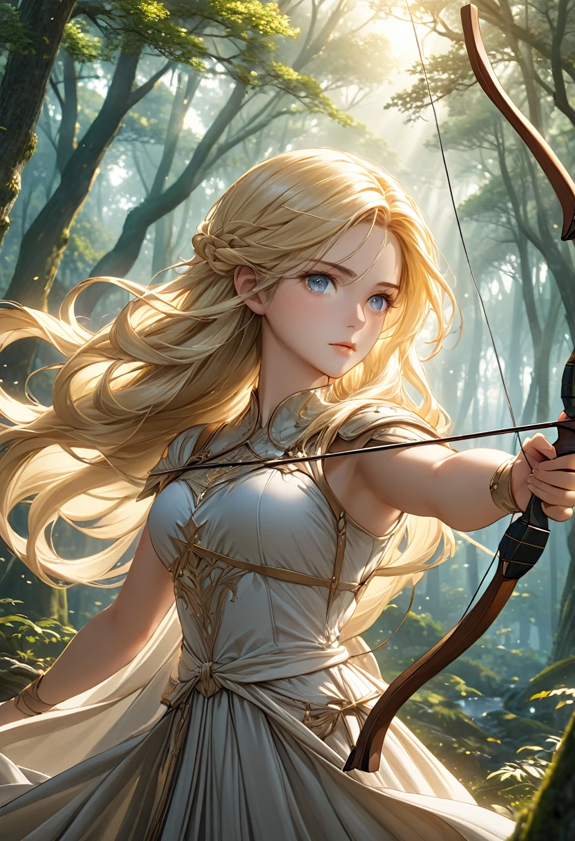 Beautiful female archer, holding a bow, Delicate face, beautiful eyes, Detailed facial features, Flowing long hair, Elegant Posture, Fantasy Landscape, Dense forest, blond，Sunlight through the trees, Soft tones, Dramatic Lighting, Film composition, number, Extremely detailed, (best quality,4K,8K,high resolution,masterpiece:1.2),Extremely detailed,(Practical,photoPractical,photo-Practical:1.37)