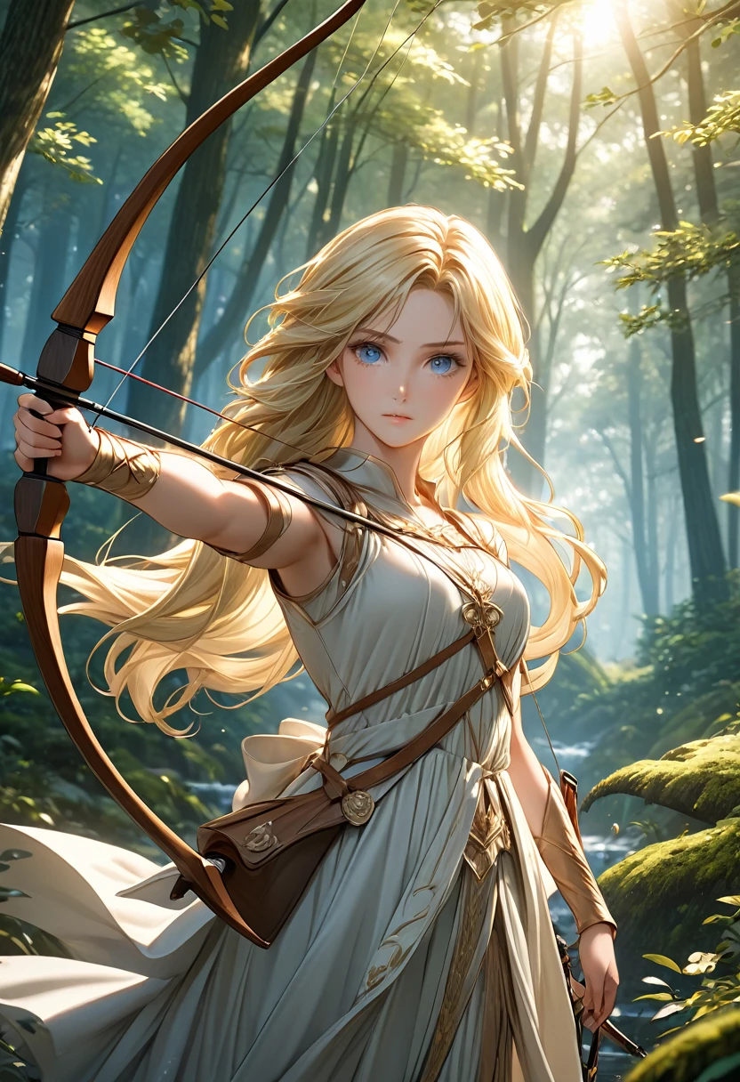 Beautiful female archer, holding a bow, Delicate face, beautiful eyes, Detailed facial features, Flowing long hair, Elegant Posture, Fantasy Landscape, Dense forest, blond，Sunlight through the trees, Soft tones, Dramatic Lighting, Film composition, number, Extremely detailed, (best quality,4K,8K,high resolution,masterpiece:1.2),Extremely detailed,(Practical,photoPractical,photo-Practical:1.37)