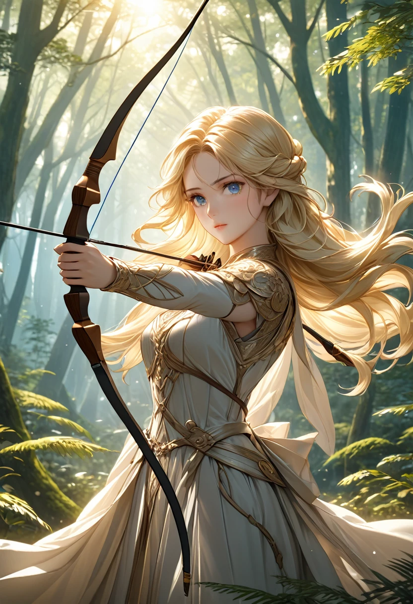 Beautiful female archer, holding a bow, Delicate face, beautiful eyes, Detailed facial features, Flowing long hair, Elegant Posture, Fantasy Landscape, Dense forest, blond，Sunlight through the trees, Soft tones, Dramatic Lighting, Film composition, number, Extremely detailed, (best quality,4K,8K,high resolution,masterpiece:1.2),Extremely detailed,(Practical,photoPractical,photo-Practical:1.37)