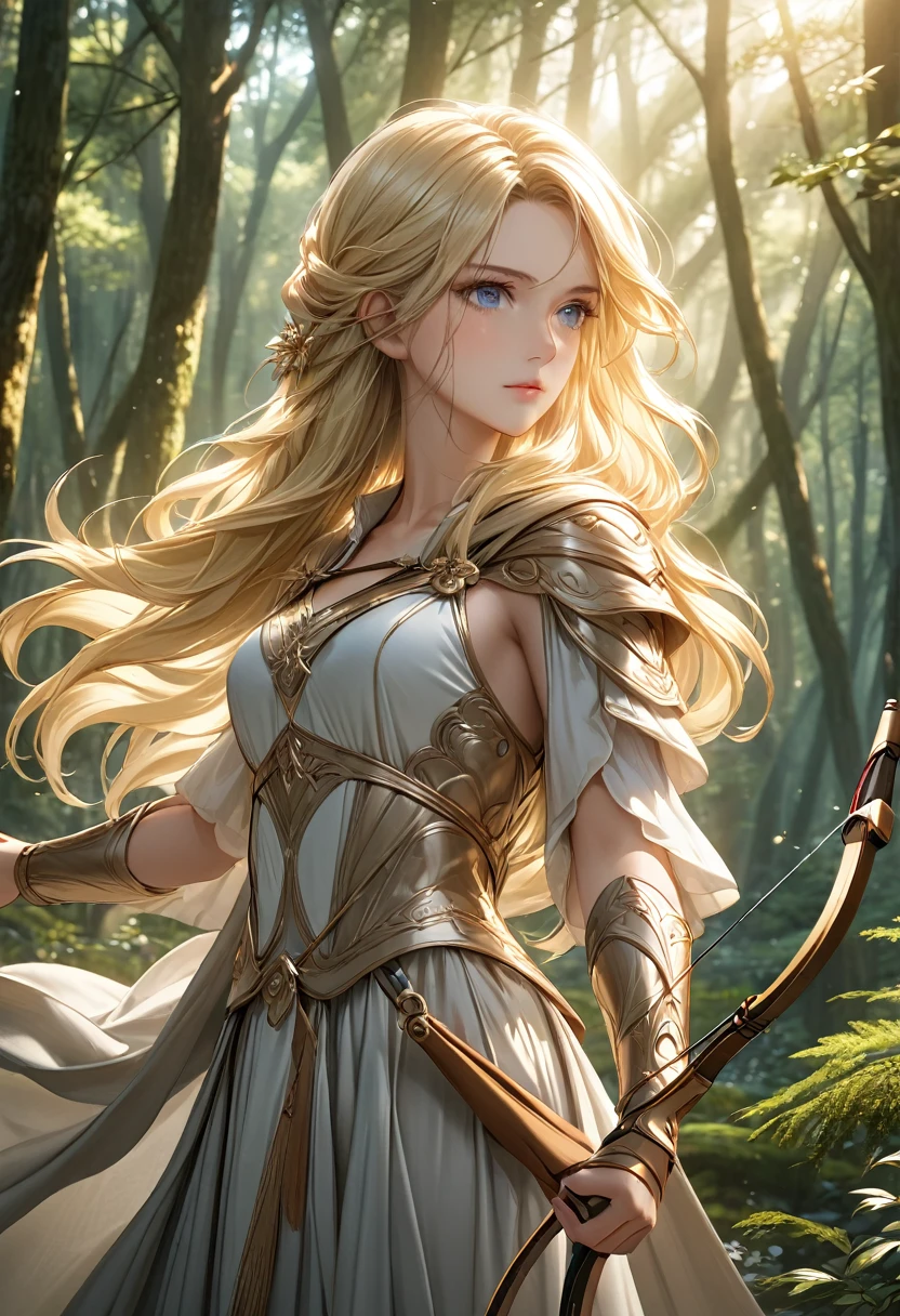 Beautiful female archer, holding a bow, Delicate face, beautiful eyes, Detailed facial features, Flowing long hair, Elegant Posture, Fantasy Landscape, Dense forest, blond，Sunlight through the trees, Soft tones, Dramatic Lighting, Film composition, number, Extremely detailed, (best quality,4K,8K,high resolution,masterpiece:1.2),Extremely detailed,(Practical,photoPractical,photo-Practical:1.37)