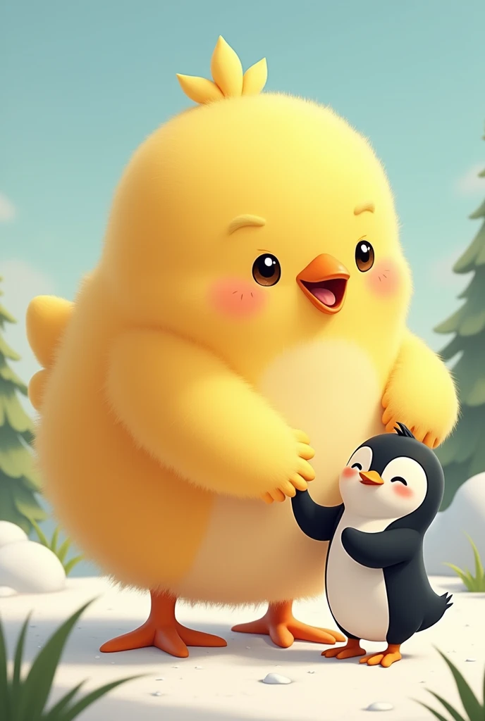 A chick and penguin holding hands
Make the chick big and penguin small