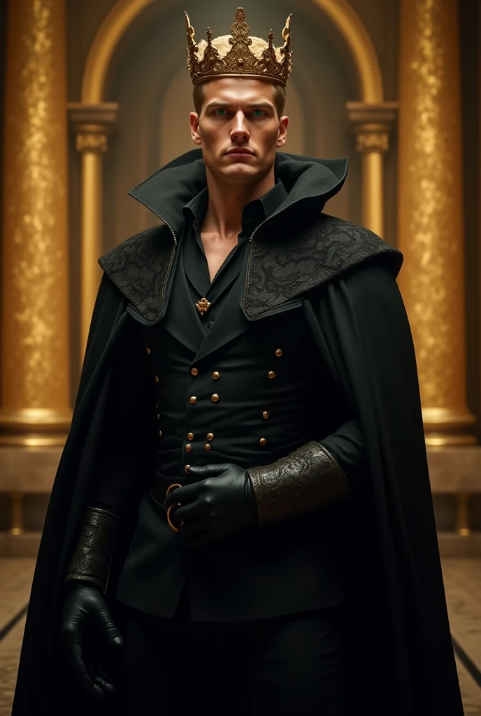 A distant image, at night, un hombre extremadamente hermoso y very engreído, golden hair, very masculino, very guapo, with a small golden crown, big and fit, green eyes, dressed in black, all covered with the cape, He is a king,  with black gloves on his hands, with a black cape, at night, in the background a golden room with black, very poco iluminada, very, pero very hermoso 