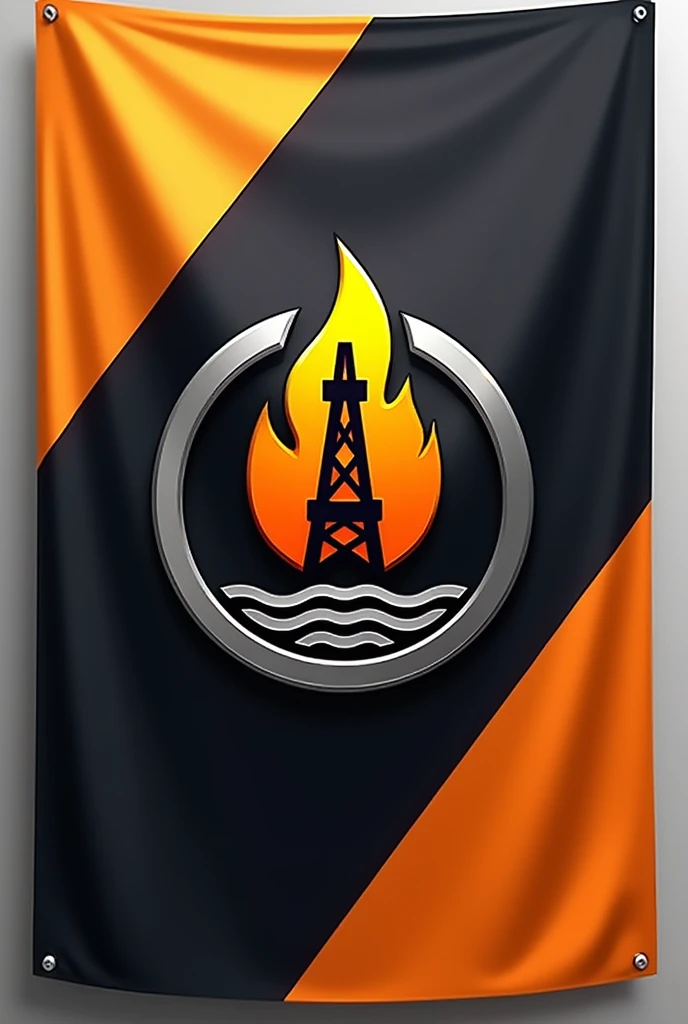 Flag Design Description:
Overall Shape: The flag maintains a 3:2 rectangular ratio, giving it a balanced and professional appearance that is suitable for display in various environments, from corporate settings to large outdoor installations.
Primary Colors: The background of the flag is divided into two halves, split diagonally from the top left to the bottom right:
Top Left: A deep, midnight black, symbolizing the richness of crude oil, the core of the industry, and the depth of the earth where resources are extracted.
Bottom Right: A vibrant, industrial orange, representing energy, innovation, and the fiery process of refining and processing oil and gas.
Borders: The flag is bordered by a thick, metallic silver band, symbolizing the pipelines, machinery, and infrastructure critical to the oil and gas industry. This silver border provides a sleek, modern contrast against the bold colors of the flag.
Central Emblem Placement: The emblem is prominently placed at the center of the flag, ensuring it is the focal point and symbolizing the company’s dominance in the industry.
Emblem Design:
Core Symbol: The emblem features a stylized oil derrick, depicted in sharp, angular lines in metallic silver. The derrick stands tall and imposing, symbolizing the extraction process, engineering prowess, and the company's strength in the industry. The base of the derrick is surrounded by ripples in the black portion of the flag, indicating the impact and reach of the company’s operations.
Flame Detail: At the top of the derrick, a flame is depicted in the vibrant industrial orange, symbolizing the refinement process, energy production, and the company’s commitment to innovation and sustainability. The flame has a subtle gradient, moving from dark orange at the base to a bright yellow at the tip, indicating the energy transition.
Circular Frame: The derrick and flame are enclosed within a circular frame, reminiscent of a pipeline or gear, in metallic silver. The inner edge of t
