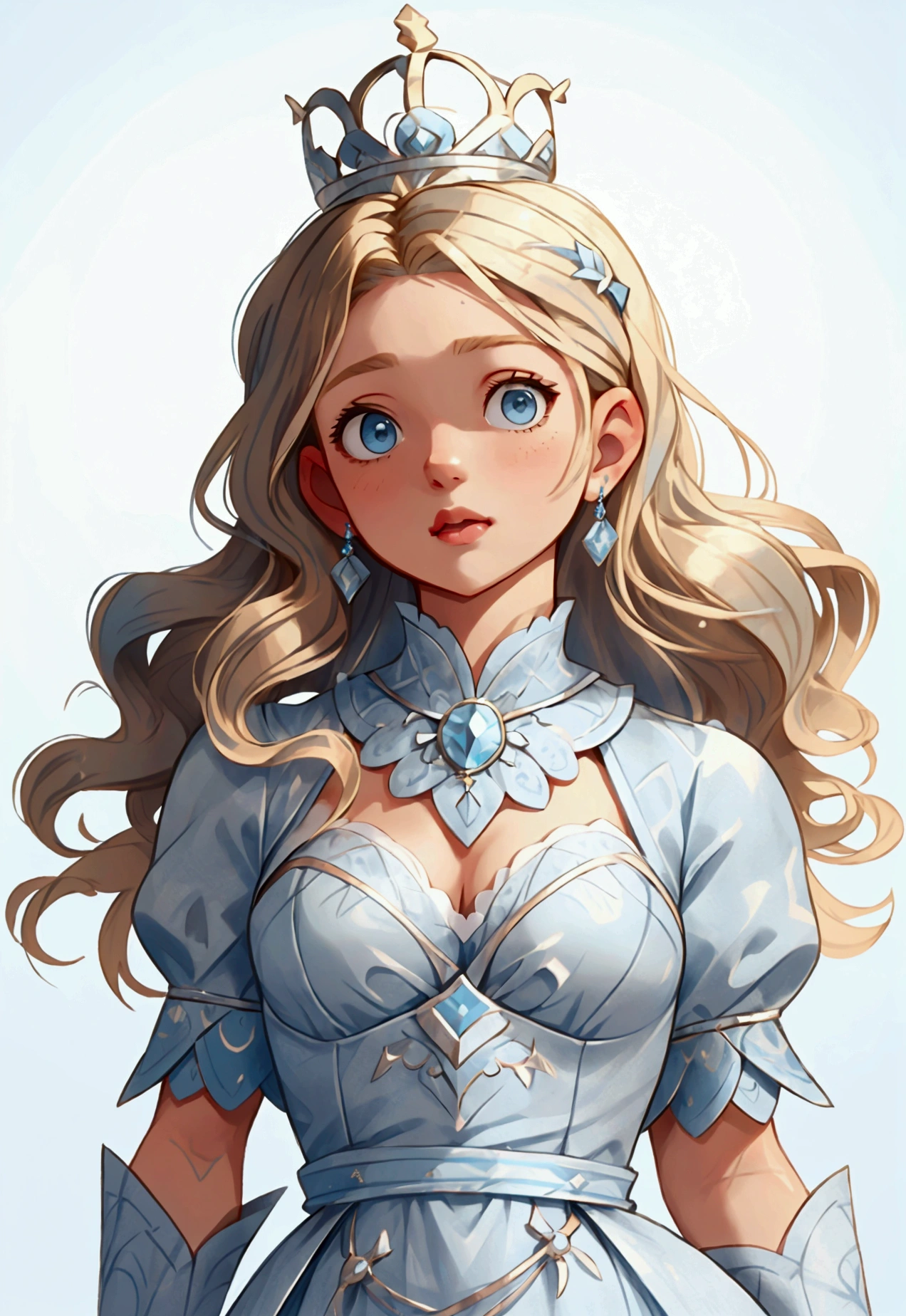 A girl she has curly blonde hair that falls to her shoulders and bright blue eyes. She wears a light blue dress with silver details and a simple silver crown, white background, full body.