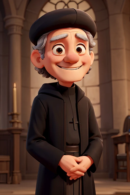 an old priest smiling in a black old cassock long sleeves, with a small black beret, with short curly brown hair, brown eyes, wide chin, with a halo, praying