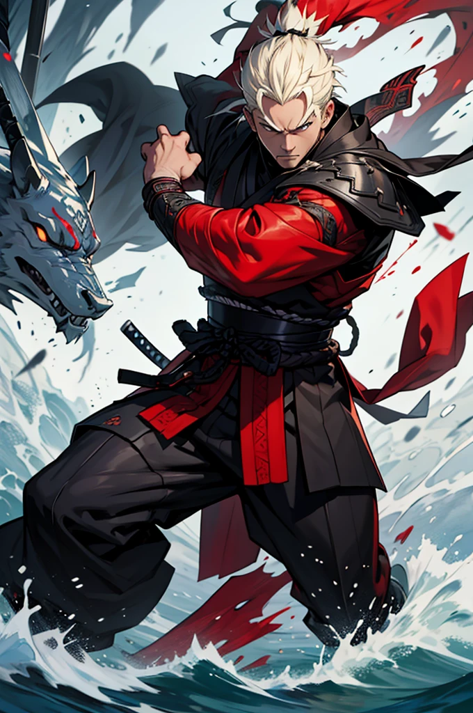 A 2 samurai male he is well shaped , samurai suit , fighting pose , with alot of splashing blood , advancing forward
