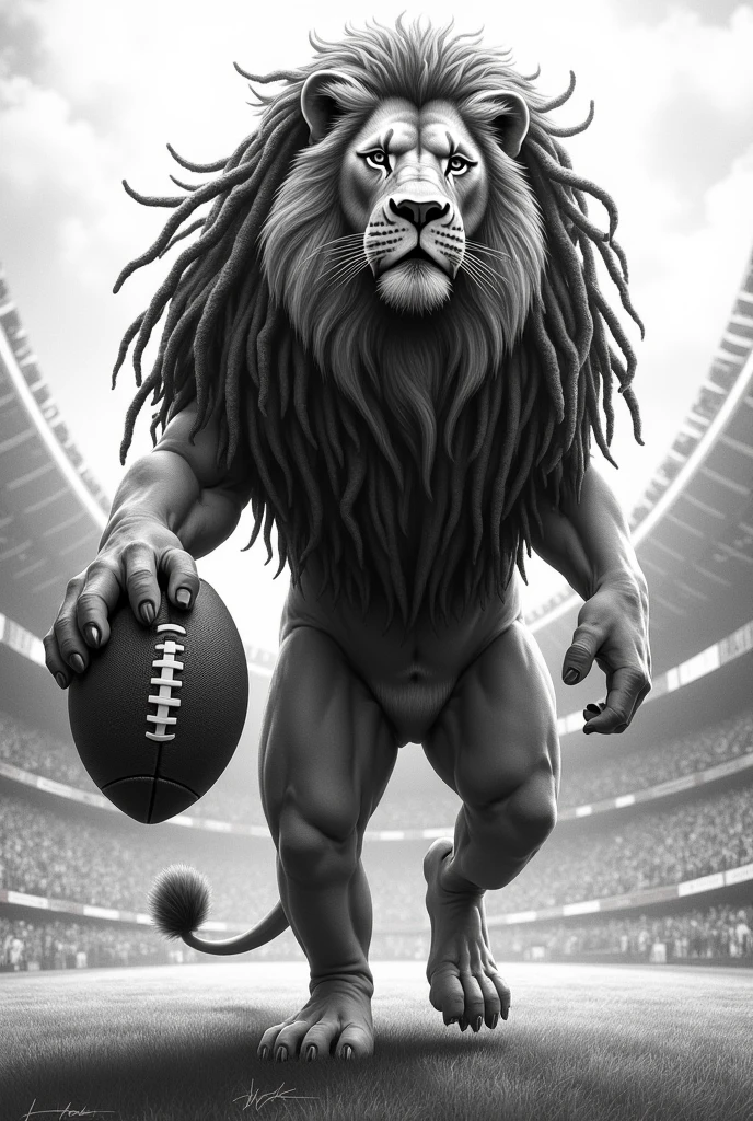 create a drawing of a black and white lion with dreadlocks in his hair standing with a football in his hand in a football stadium with a team uniform without a shield