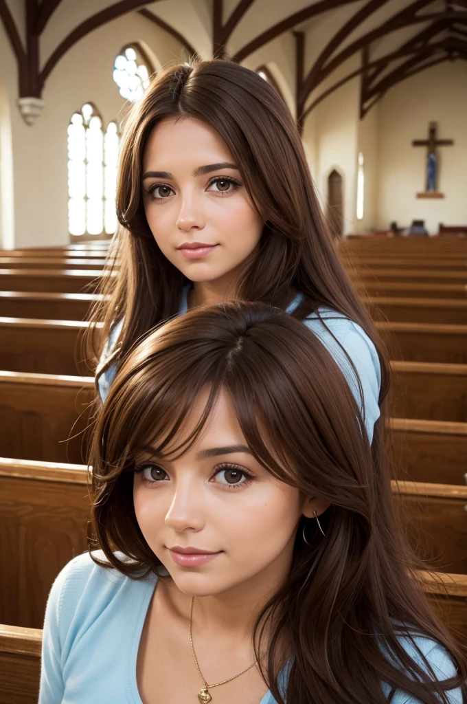 com os olhos castanhos, with brown hair with loose hair, super linda, in church