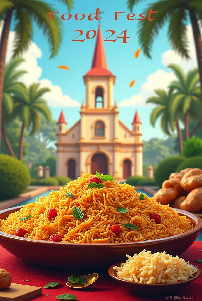 generate a poster with heading "Food Fest 2024" with background of church.
Items served are home made foods and biriyani(highlight biriyani). Write a exciting message in malayalam and also in english with respect to bible