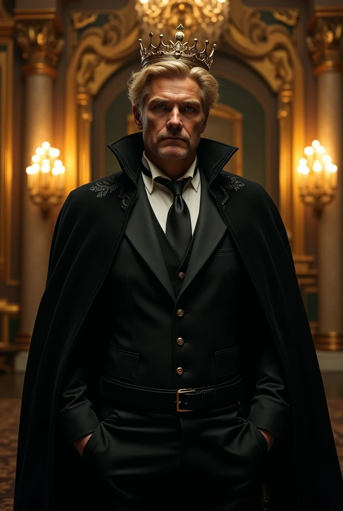 A distant image, at night, un hombre extremadamente hermoso y very engreído, golden hair, very masculino, very guapo, with a small golden crown, big and fit, green eyes, dressed in black, all covered with the cape, He is a king, with black gloves on his hands, with a black cape, at night, in the background a golden room with black, very poco iluminada, very, pero very hermoso