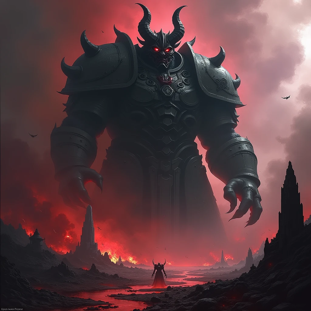 Create a cover with the title name Dark Code , with the theme of Abaddon the Conqueror destroying the planet Cadia ,with the black ship