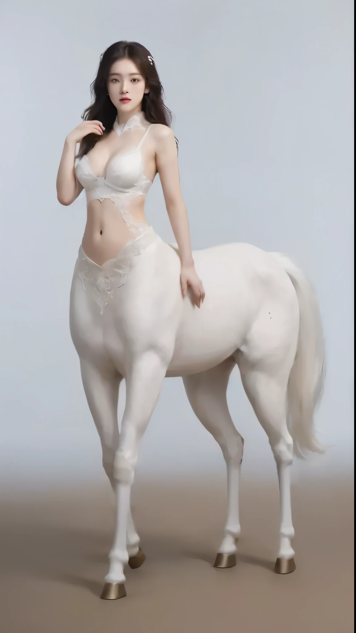 There is a woman in the room standing next to a white horse。, Light milky white porcelain skin, Inspired by Vanessa Beecroft, Human torso on horse, Centaur, Anatomically correct horses, a Centaur, Height 165 cm, Inspired by Fei Danxu, On models. high resolution, half horse, Height 155 cm