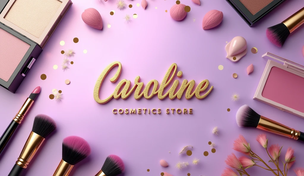 make a background image in the makeup segment of various types of makeup and cosmetics utensils with the name in the center of the image, With name ( Caroline Cosmetics Store ) in realistic gold , the background is in lilac with a gradient with gold effects
