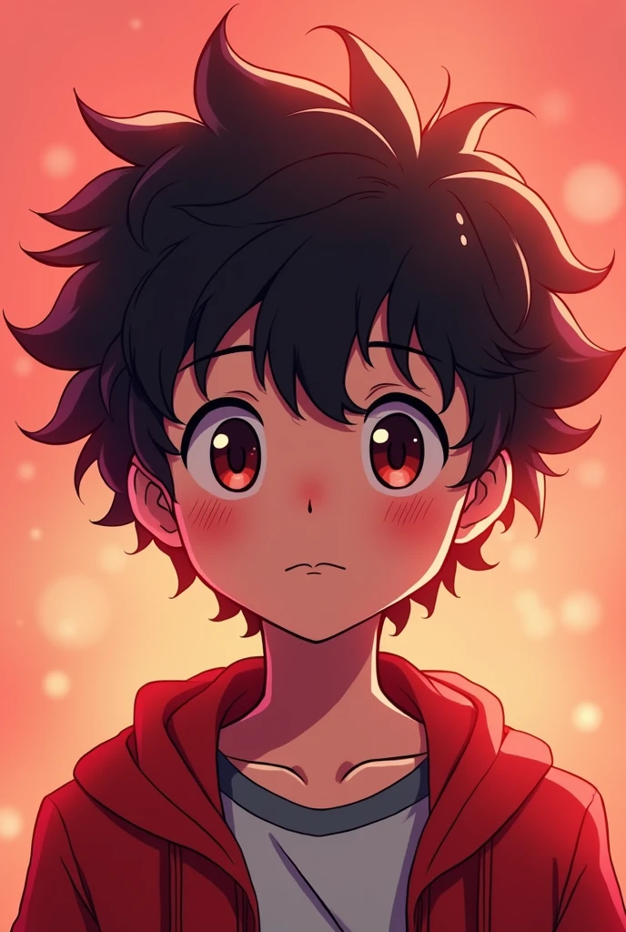 Create pictures of a boy who has curly hair and a red streak in front and design should be anime mesäg the background light red