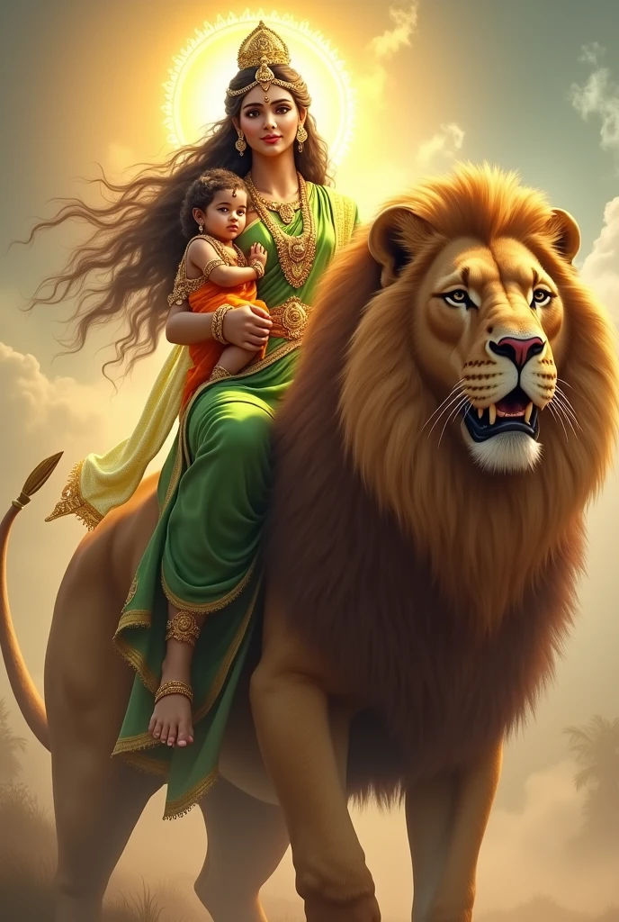 Prompt: "Create an ultra-realistic image of Goddess Skandamata, depicted in her nurturing and powerful form, riding an enormous, majestic lion. She should be dressed in a vibrant green saree, symbolizing growth, fertility, and divine energy. The saree should be richly embroidered with gold patterns, reflecting her regal status. Her skin should have a radiant, golden glow, symbolizing her divine nature, and her face should be serene and motherly, with large, compassionate eyes and a gentle smile that exudes both grace and strength.

In her arms, she should be holding her  son, Lord Kartikeya (also known as Skanda), with tender care.  Kartikeya should be depicted as a beautiful child widivine aura, seated comfortably in his mother's arms, perhaps holding a small weapon like a spear, symbolizing his future role as a warrior god.

The lion she rides should be depicted as extremely large and powerful, with a thick mane and a fierce yet loyal expression, symbolizing courage and protection. The lion’s size and majesty should enhance the divine presence of the goddess.

The background should feature a celestial landscape, with soft, golden light and subtle elements like swirling clouds or a glowing sky, creating an atmosphere that reflects both the nurturing and powerful aspects of Goddess Skandamata. The overall image should capture the essence of her maternal grace, divine authority, and protective strength, presented in a highly realistic and detailed manner."